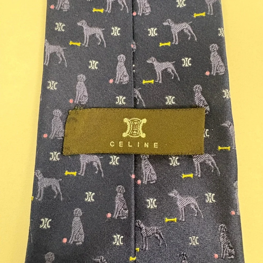 Celine Paris Mens Silk Tie Navy Blue Dog Bone Macadam Triomphe Logo Italy